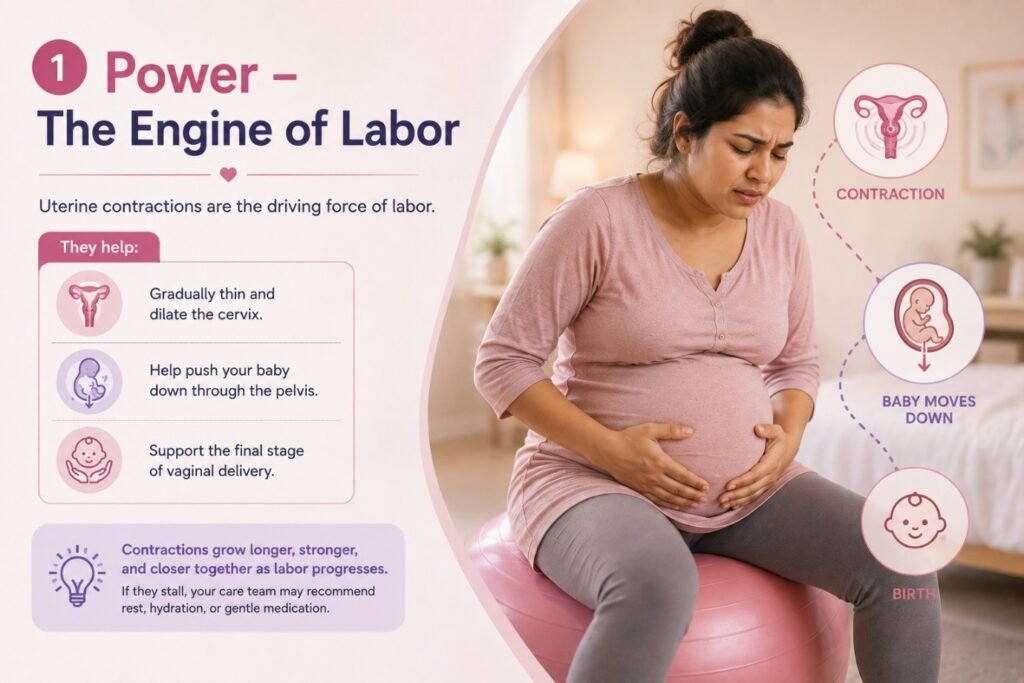 Pregnant woman experiencing uterine contractions during labor showing the role of power in childbirth”