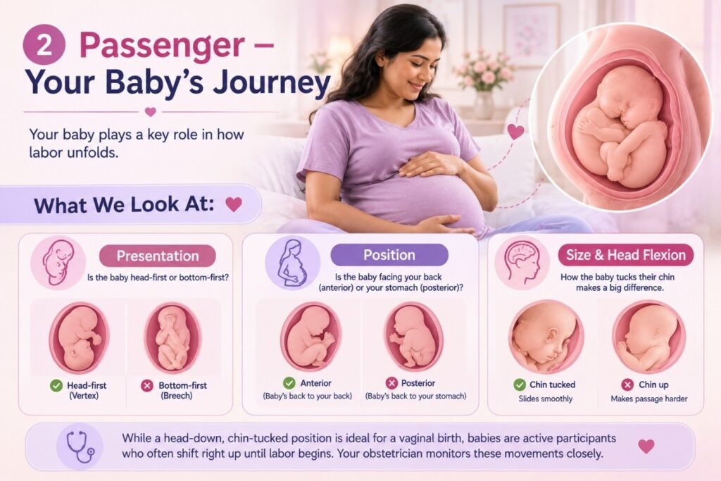 Pregnant woman with baby illustration explaining fetal presentation, position, and head flexion during labor