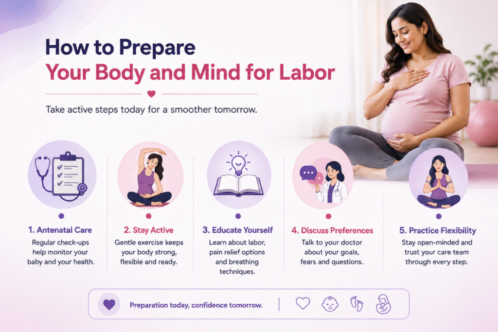 Pregnant woman preparing her body and mind for labor with antenatal care, exercise, education, and relaxation