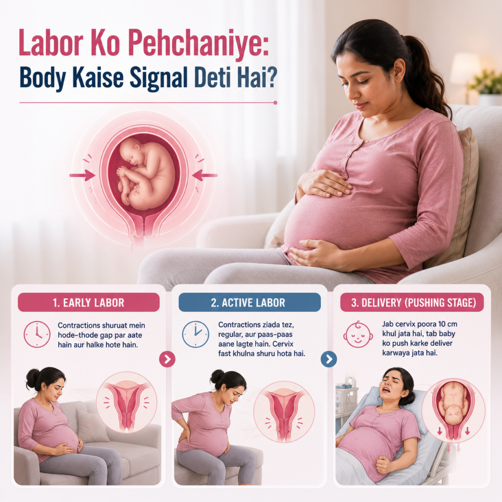 Stages of labor showing early labor, active labor and delivery pushing stage
