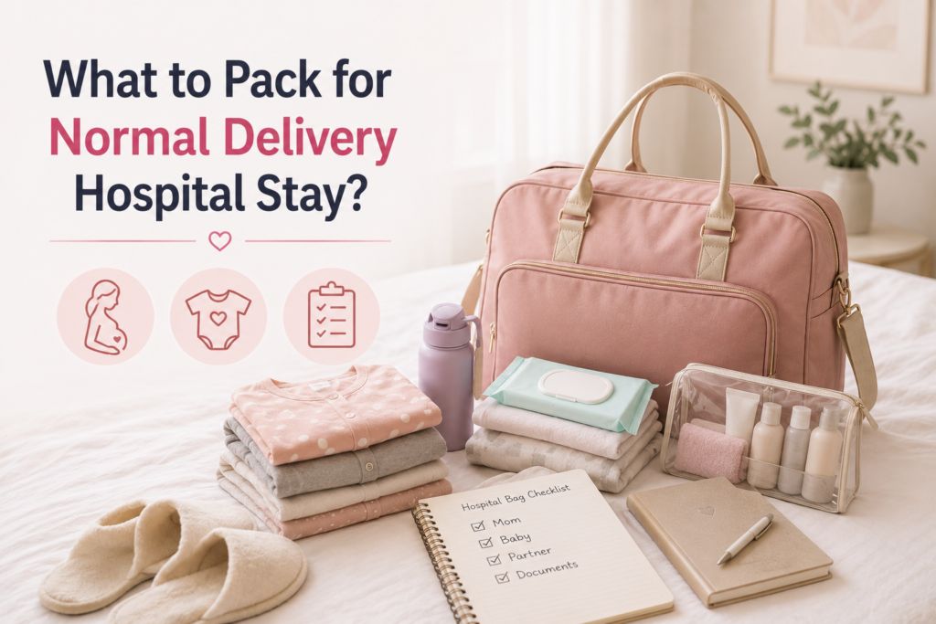 Pregnancy hospital bag checklist showing when to pack essentials, with a maternity bag, baby clothes, toiletries, water bottle, and 35–37 week preparation reminder.