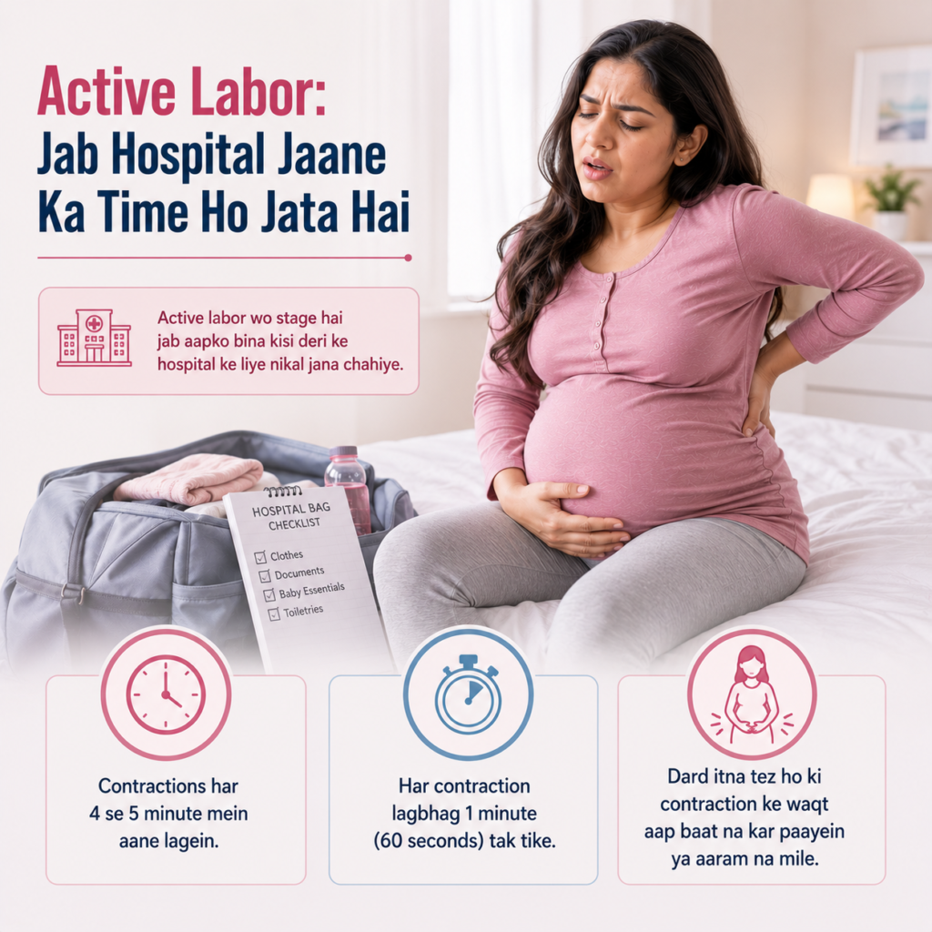 Pregnant woman experiencing active labor and preparing to go to the hospital