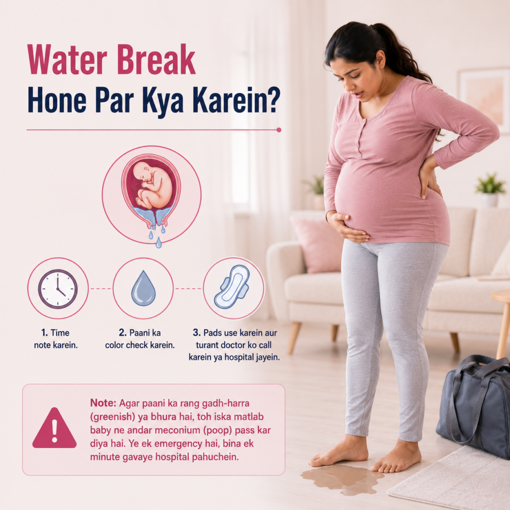 Pregnant woman experiencing water break with guidance on when to contact the doctor