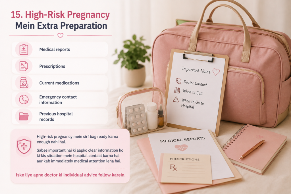 Tips for a stress-free hospital stay showing a packed maternity bag, quick checklist, important contacts, hospital address, doctor contact, and emergency planning.