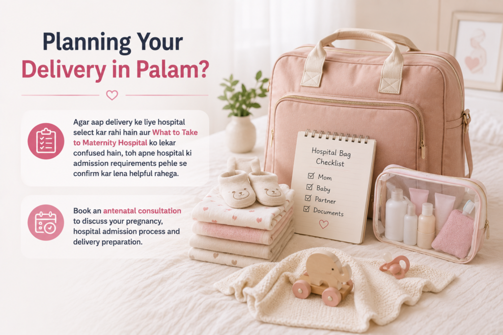 Hospital bag checklist for normal delivery showing maternity clothes, baby essentials, toiletries, water bottle, documents, and hospital stay preparations.