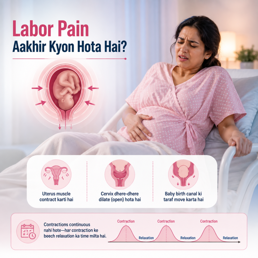 Pregnant woman practicing controlled breathing techniques with inhale, exhale, and relaxation steps to manage labor pain.