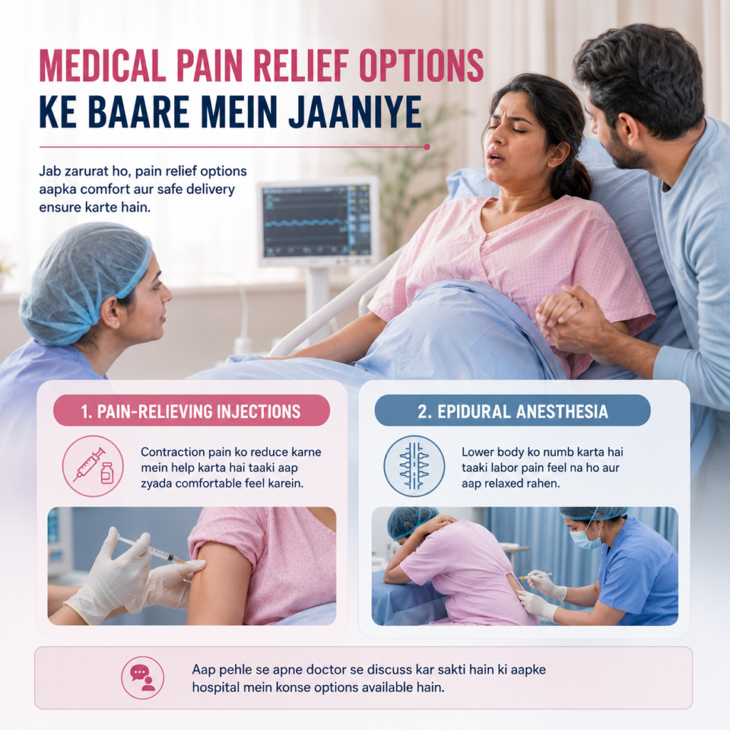 Illustration explaining how labor pain occurs as uterine contractions increase, the cervix dilates, and the baby moves through the birth canal.