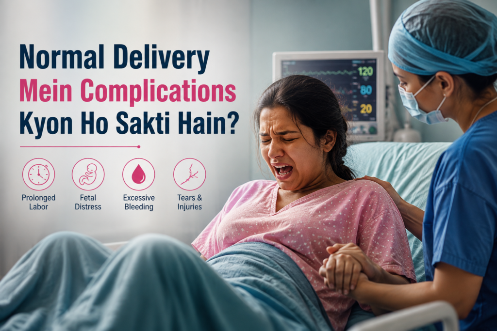 Pregnant woman with risk factors such as prolonged labor, fetal distress, excessive bleeding, abnormal baby position, and pregnancy complications.