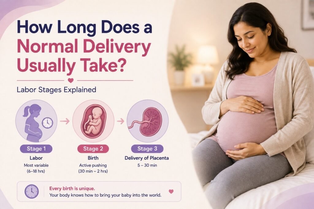Pregnant woman learning about the three stages of labor and the typical duration of normal delivery.