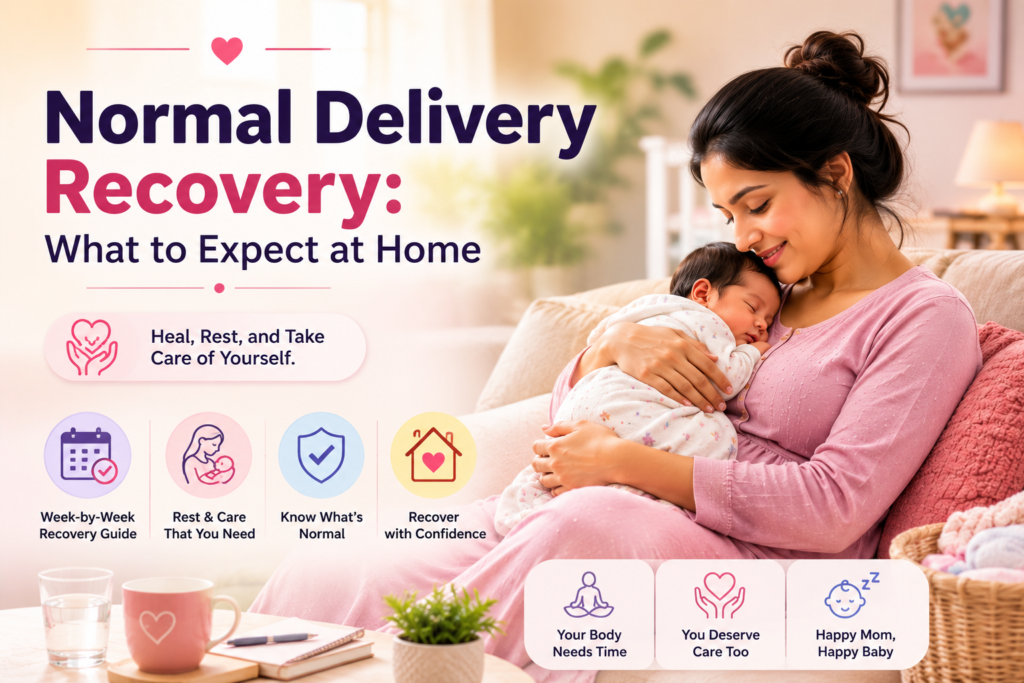 Normal Delivery Recovery: What to Expect at Home during Week 1 with postpartum healing, perineal care, uterine recovery, and newborn care for new mothers.