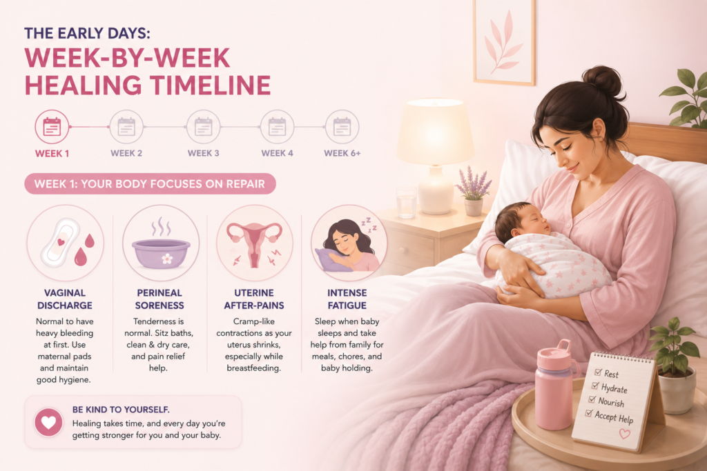 Normal Delivery Recovery: What to Expect at Home in Week 2 with healthy nutrition, hydration, gentle walking, and postpartum recovery after normal delivery.