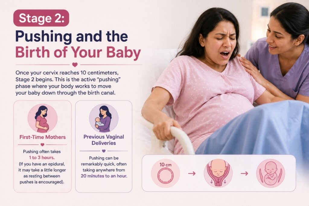 Pregnant woman receiving support from a healthcare professional during Stage 2 labor and pushing for vaginal delivery.