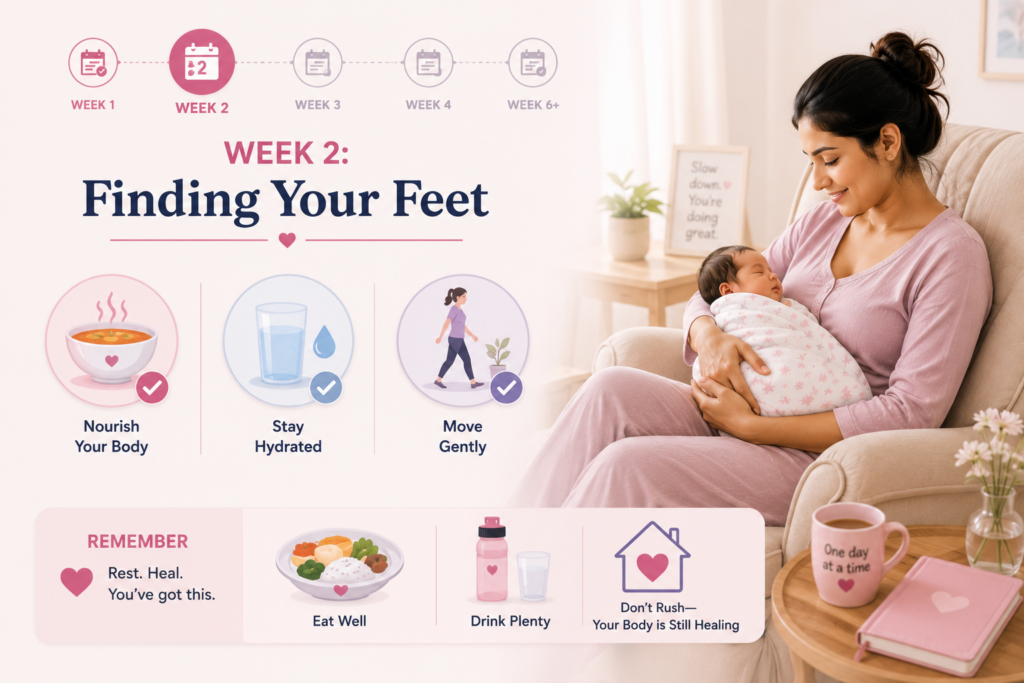 Normal Delivery Recovery: What to Expect at Home during Weeks 3–4 with gradual healing, light physical activity, hydration, rest, and postpartum care.