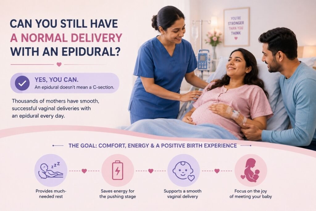 Pregnant woman receiving support from her doctor and partner during an epidural-assisted vaginal delivery