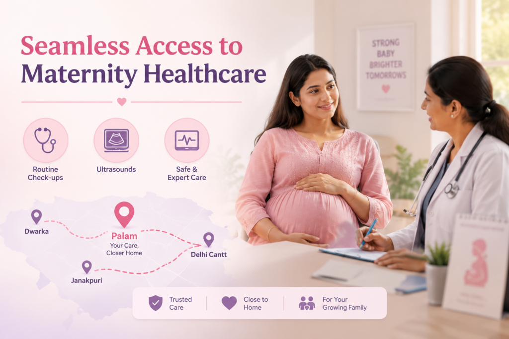 Pregnant woman consulting Dr. Kalpana Aggarwal at Angel Agastya Hospital in Palam with easy access to routine pregnancy checkups and ultrasound services.