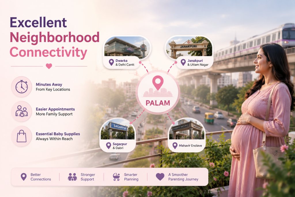 Excellent neighborhood connectivity in Palam with easy access to Dwarka, Janakpuri, Delhi Cantt, and Sagar Pur for pregnant women and new families.