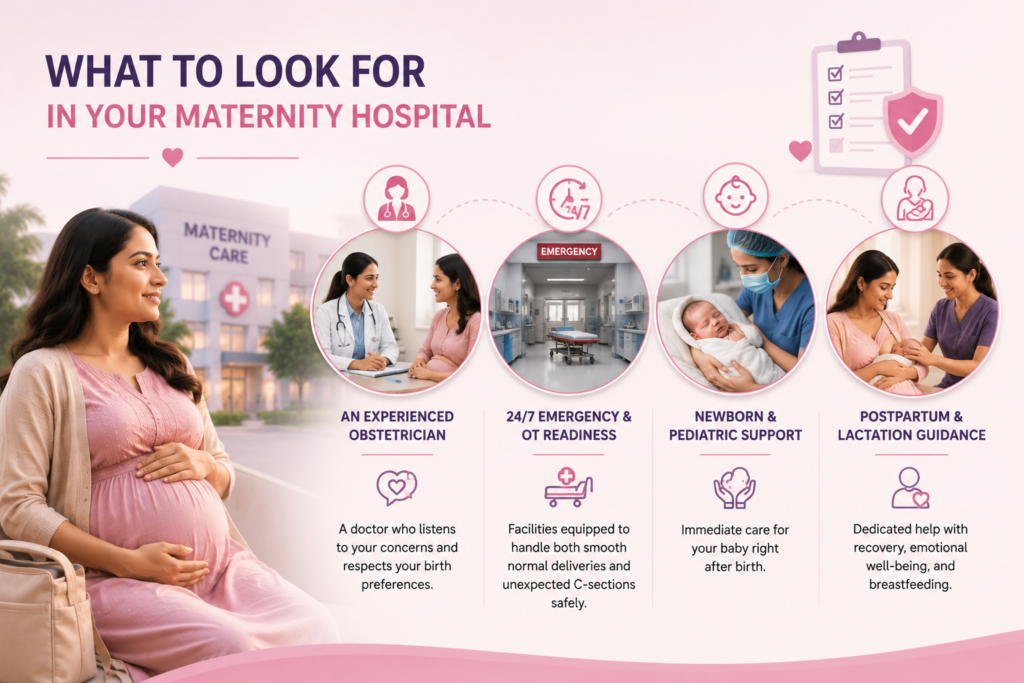 Pregnant woman choosing a maternity hospital in Palam with experienced obstetricians, newborn care, and emergency maternity support at Angel Agastya Hospital.