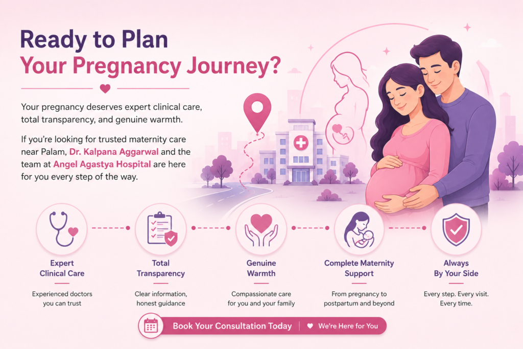 Pregnant couple planning maternity care at Angel Agastya Hospital with Dr. Kalpana Aggarwal in Palam, a safe area for pregnant women and new families.