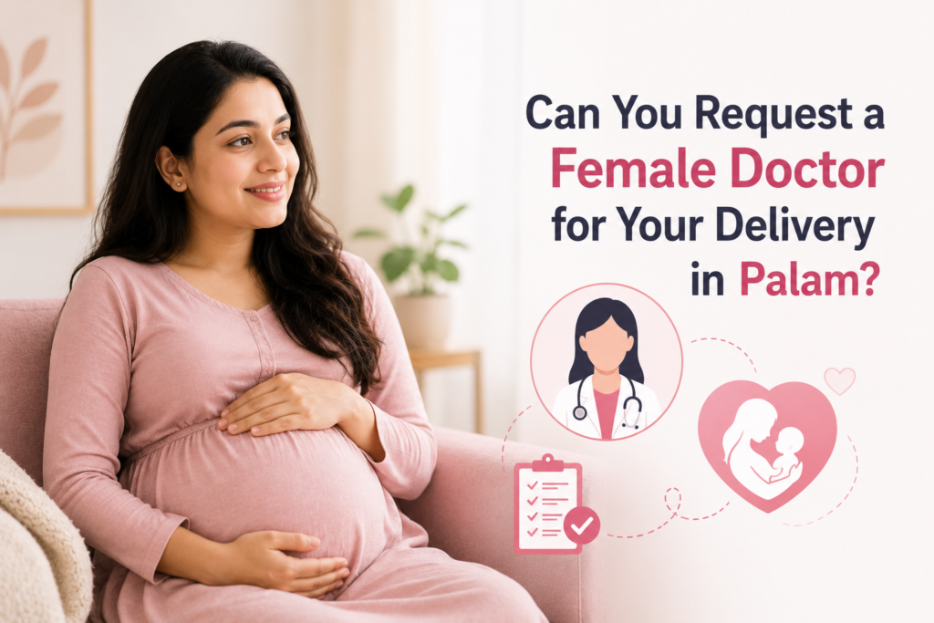 Pregnant woman discussing the option of requesting a female doctor for delivery and pregnancy care, with questions about doctor availability and emergency support.