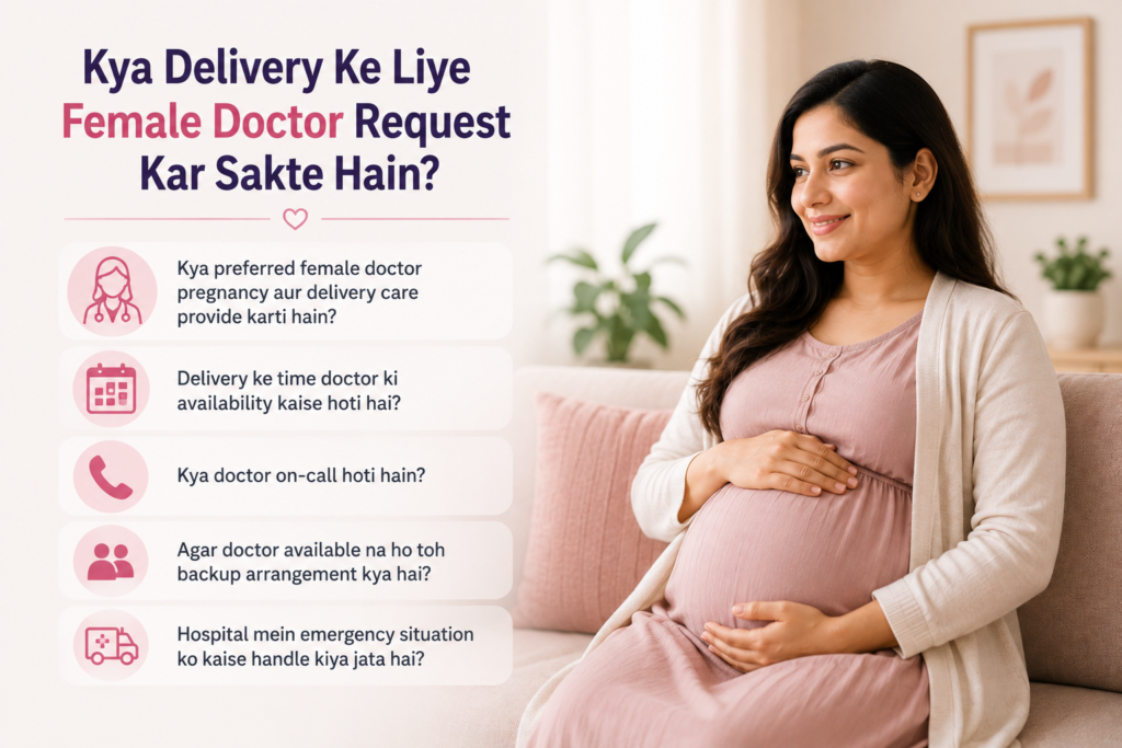 Pregnant first-time mother learning about labor, hospital admission, pain management, baby movements, normal delivery, and postpartum care.