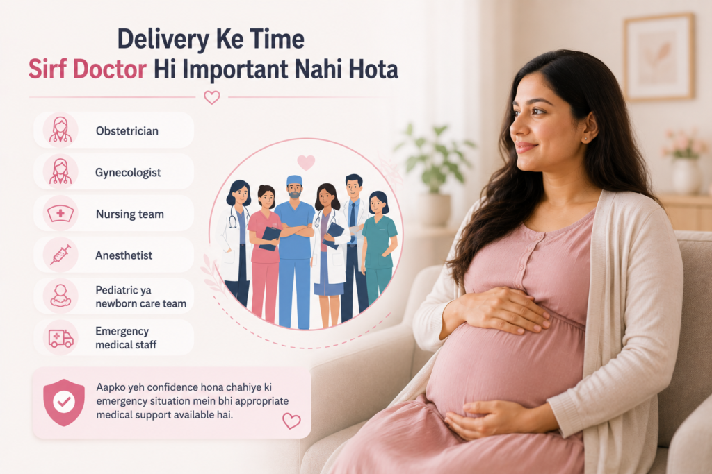 Pregnant woman discussing delivery preferences with a doctor, including female doctor preference, normal delivery, pain relief, birth companion, breastfeeding, and postpartum care.