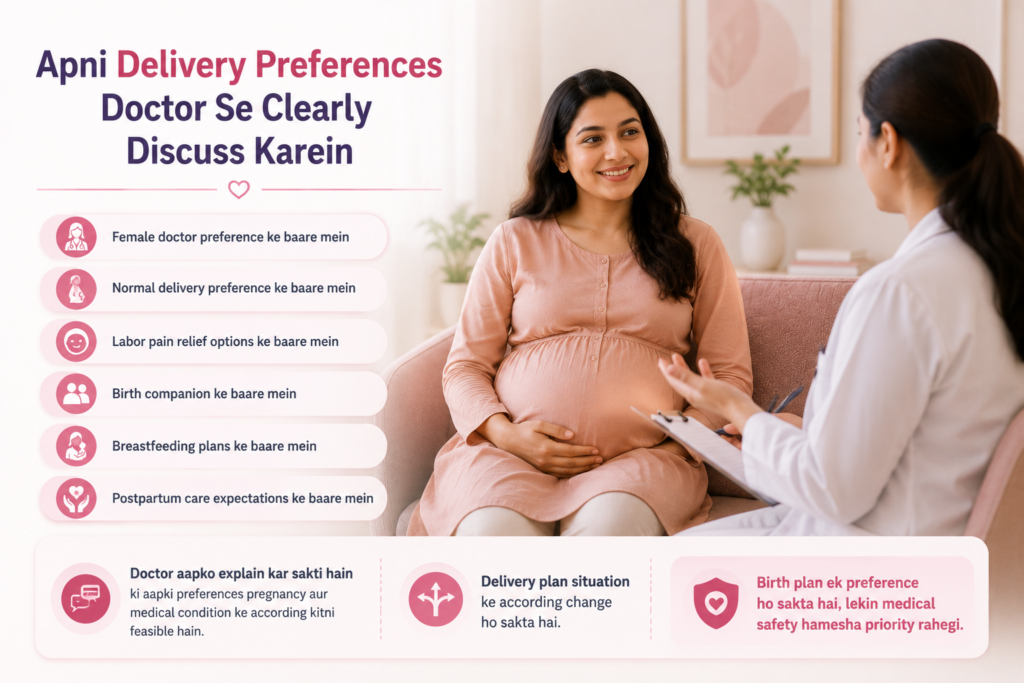 Pregnant woman learning about requesting a female doctor for delivery in Palam, with maternity care and birth planning illustrations.