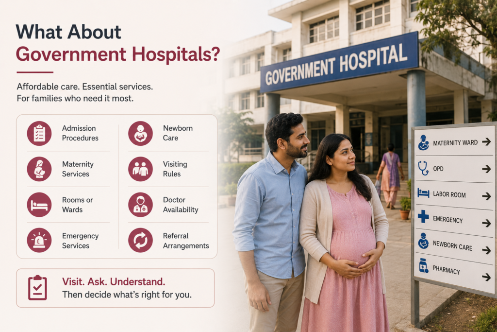 Government maternity hospital facilities including maternity ward, labor room, emergency services and newborn care