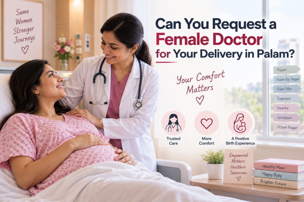 Pregnant woman receiving care from a female doctor while discussing delivery options and maternity care in Palam