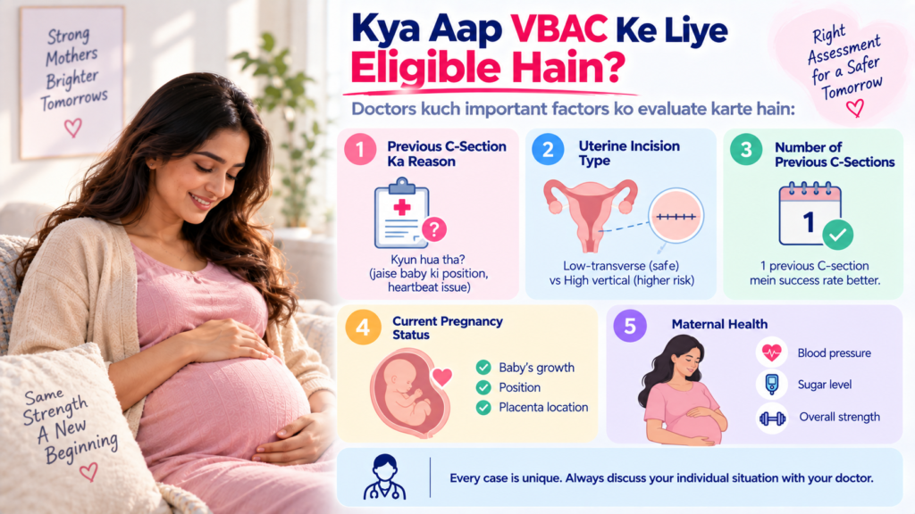 Pregnant woman discussing VBAC eligibility with a doctor, highlighting previous C-section reason, uterine incision type, number of C-sections, current pregnancy status, and maternal health.