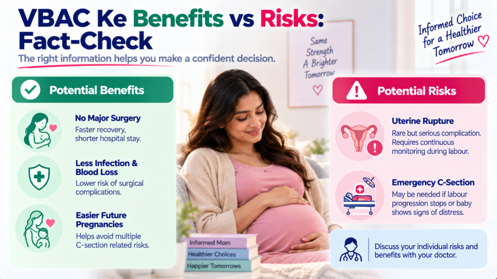VBAC benefits and potential risks explained, including faster recovery, fewer surgical complications, uterine rupture, and possible emergency C-section.