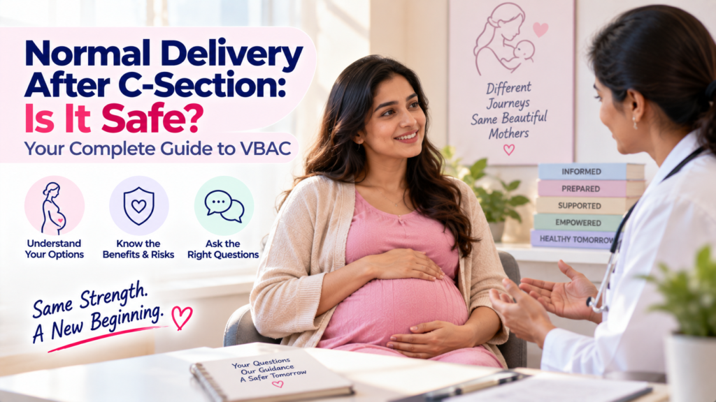 Pregnant woman consulting a gynecologist about normal delivery after C-section, with guidance on VBAC options, benefits, risks, and important questions to discuss with the doctor.