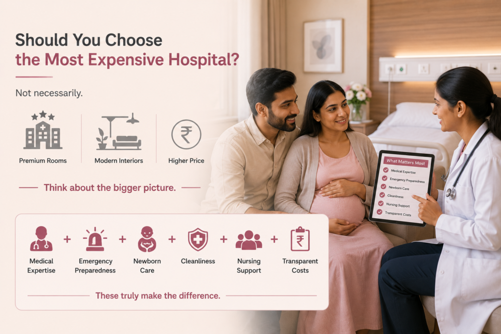 Maternity hospital comparison showing medical expertise, emergency preparedness, newborn care, cleanliness, nursing support and transparent costs