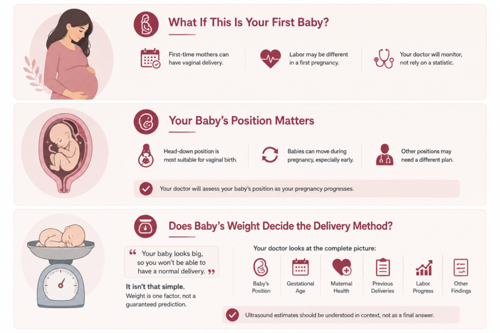 First-time pregnant woman learning about vaginal delivery and factors affecting normal childbirth