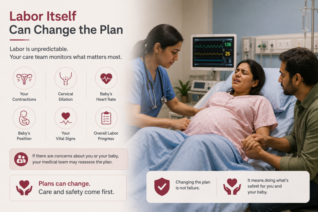 Pregnant woman in labor being monitored by healthcare team during normal delivery