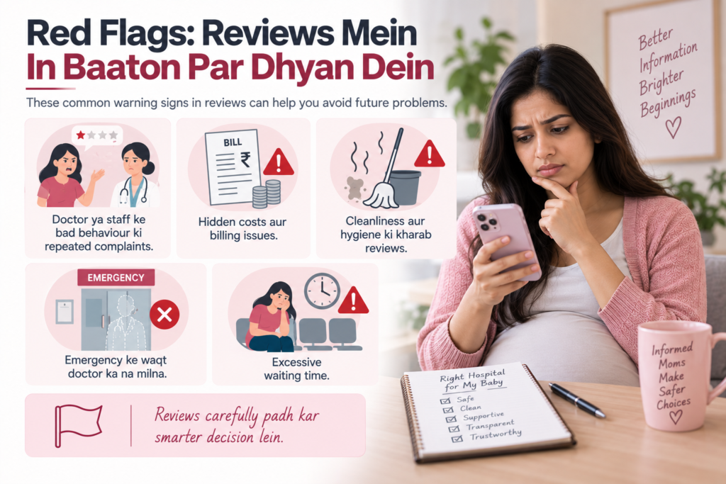 Red flags in maternity hospital reviews including staff behaviour, hidden billing costs, cleanliness issues, emergency care and waiting time